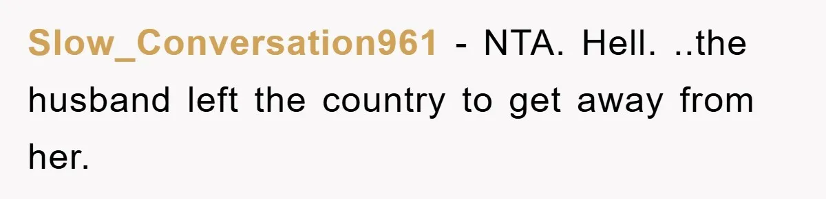 Slow_Conversation961 − NTA. Hell. ..the husband left the country to get away from her.
