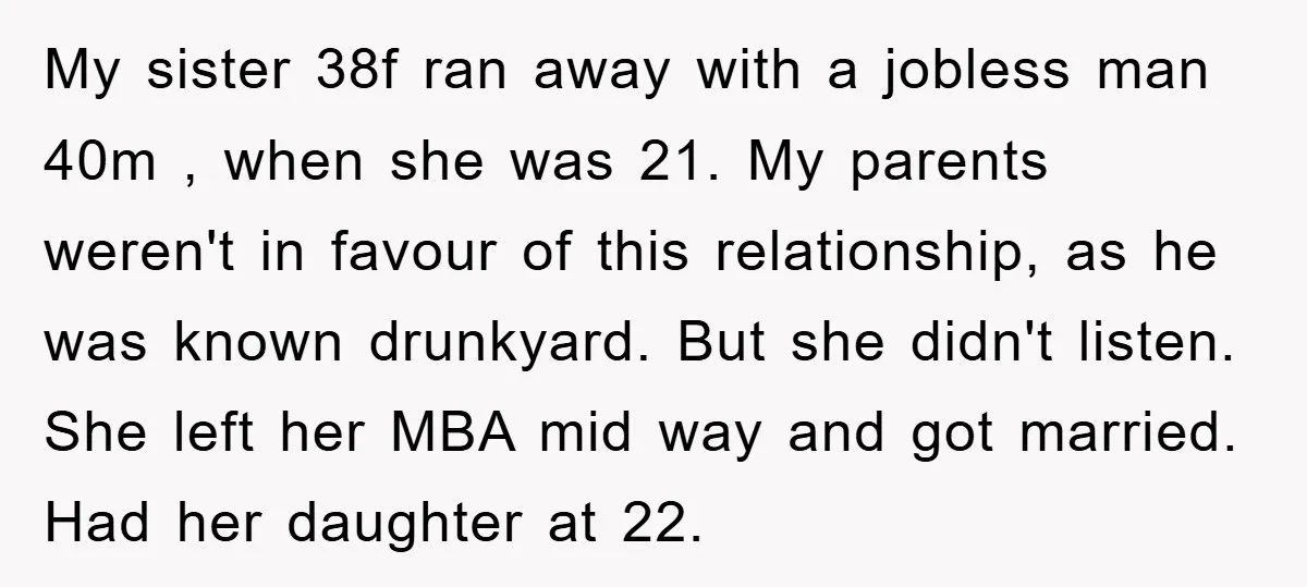 My sister 38f ran away with a jobless man 40m , when she was 21. My parents weren't in favour of this relationship, as he was known drunkyard. But she...