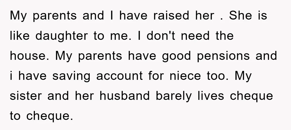 My parents and I have raised her . She is like daughter to me. I don't need the house. My parents have good pensions and i have saving account for...