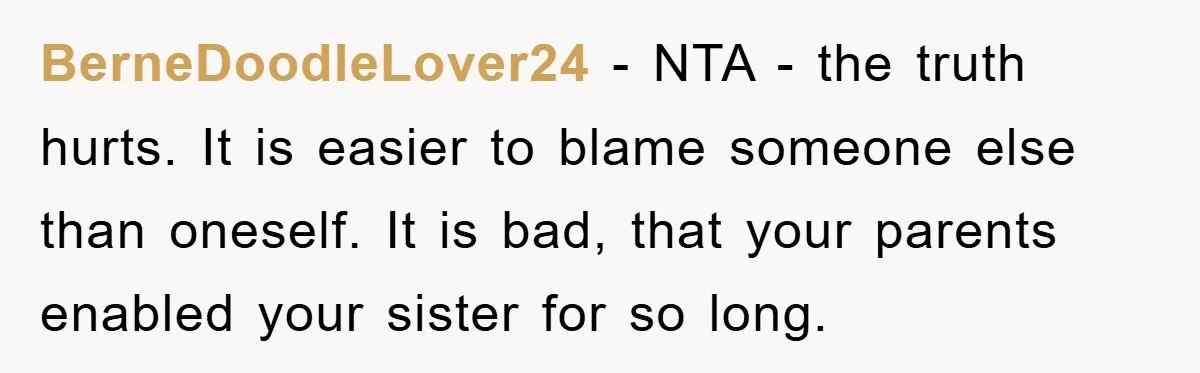 BerneDoodleLover24 - NTA - the truth hurts. It is easier to blame someone else than oneself. It is bad, that your parents enabled your sister for so long.