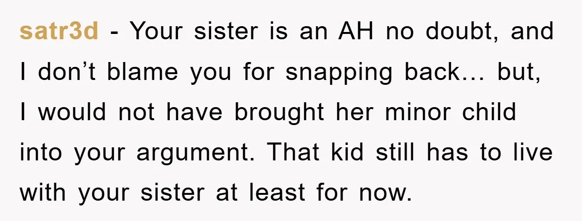 satr3d - Your sister is an AH no doubt, and I don’t blame you for snapping back… but, I would not have brought her minor child into your argument. That...