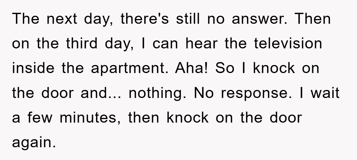 The next day, there's still no answer. Then on the third day, I can hear the television inside the apartment. Aha! So I knock on the door and... nothing. No...