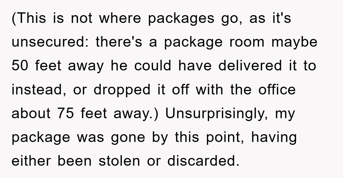 (This is not where packages go, as it's unsecured: there's a package room maybe 50 feet away he could have delivered it to instead, or dropped it off with the...