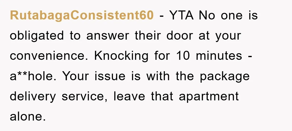 RutabagaConsistent60 − YTA No one is obligated to answer their door at your convenience. Knocking for 10 minutes - a**hole. Your issue is with the package delivery service, leave that...