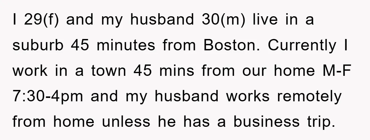 I 29(f) and my husband 30(m) live in a suburb 45 minutes from Boston. Currently I work in a town 45 mins from our home M-F 7:30-4pm and my husband...