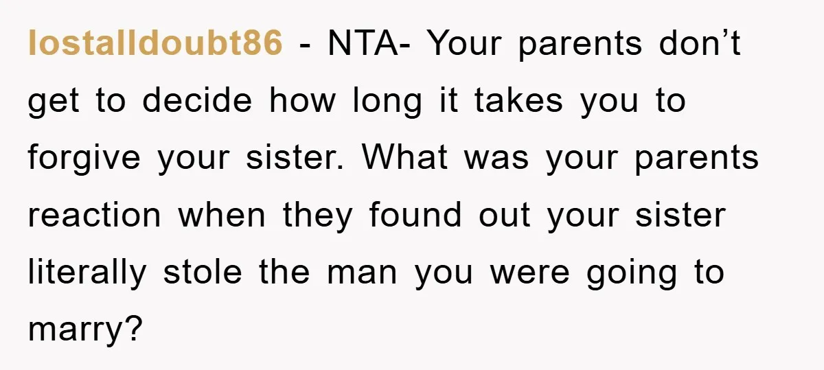 lostalldoubt86 − NTA- Your parents don’t get to decide how long it takes you to forgive your sister. What was your parents reaction when they found out your sister literally...