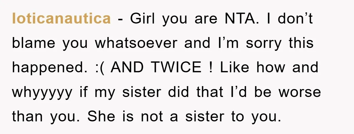 loticanautica − Girl you are NTA. I don’t blame you whatsoever and I’m sorry this happened. :( AND TWICE ! Like how and whyyyyy if my sister did that I’d...