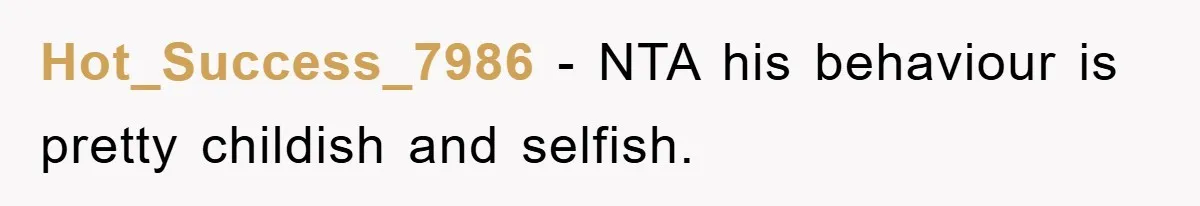 Hot_Success_7986 − NTA his behaviour is pretty childish and selfish.