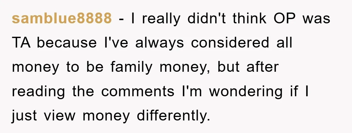 samblue8888 - I really didn't think OP was TA because I've always considered all money to be family money, but after reading the comments I'm wondering if I just view...