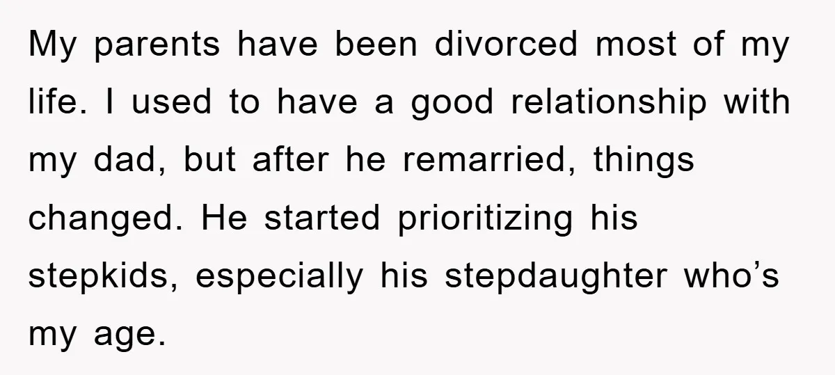 My parents have been divorced most of my life. I used to have a good relationship with my dad, but after he remarried, things changed. He started prioritizing his stepkids,...
