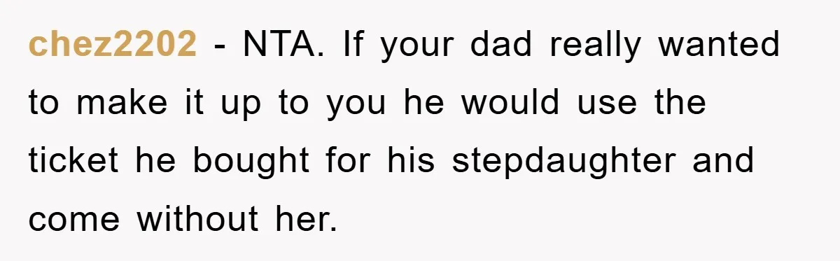 chez2202 − NTA. If your dad really wanted to make it up to you he would use the ticket he bought for his stepdaughter and come without her.
