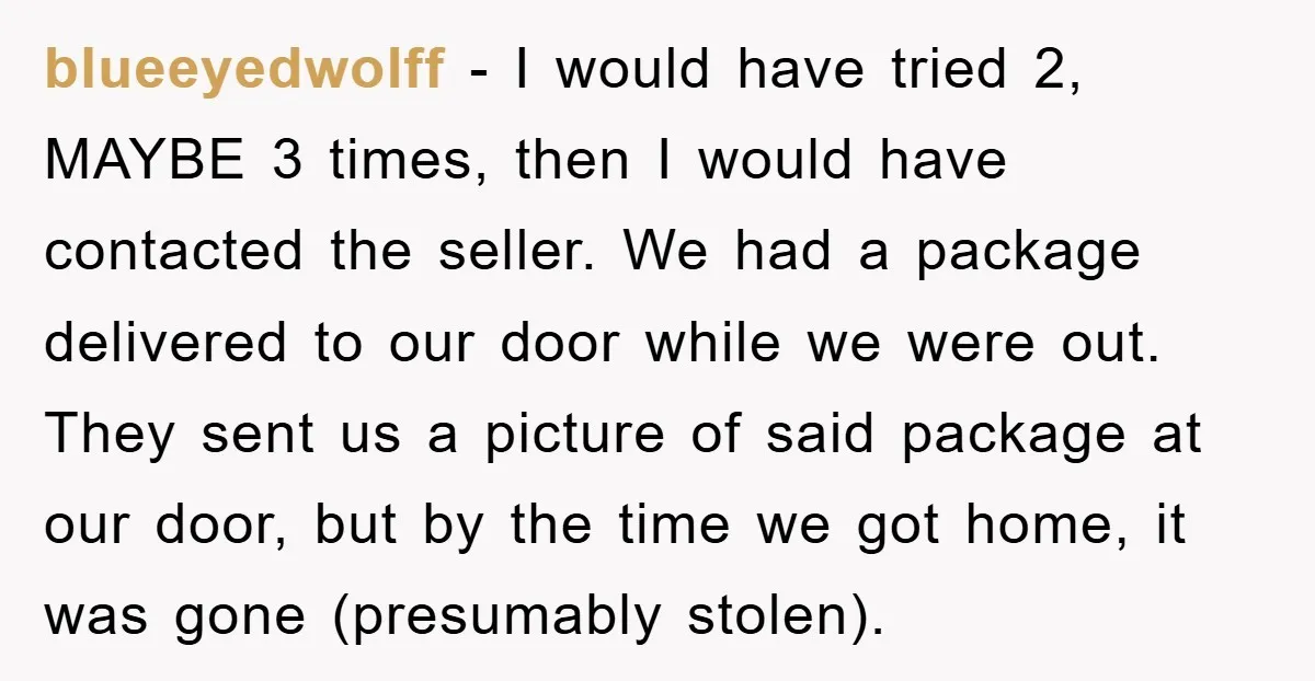 blueeyedwolff − I would have tried 2, MAYBE 3 times, then I would have contacted the seller. We had a package delivered to our door while we were out. They...