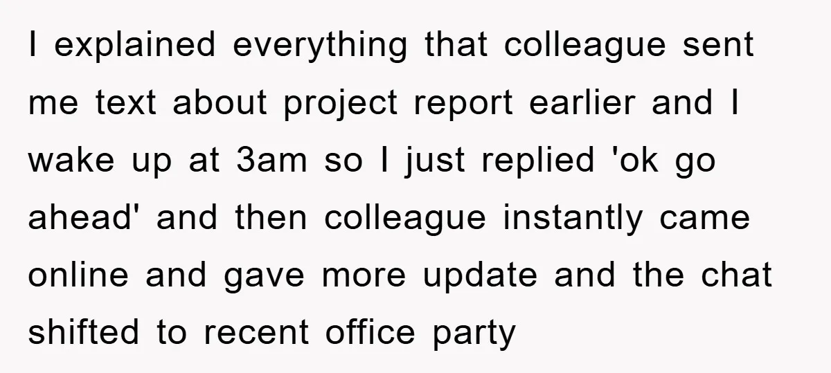 I explained everything that colleague sent me text about project report earlier and I wake up at 3am so I just replied 'ok go ahead' and then colleague instantly came...