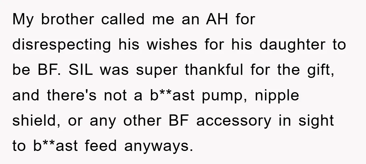 My brother called me an AH for disrespecting his wishes for his daughter to be BF. SIL was super thankful for the gift, and there's not a b**ast pump, nipple...