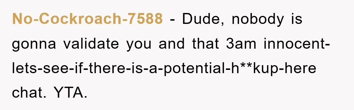 No-Cockroach-7588 - Dude, nobody is gonna validate you and that 3am innocent-lets-see-if-there-is-a-potential-h**kup-here chat. YTA.