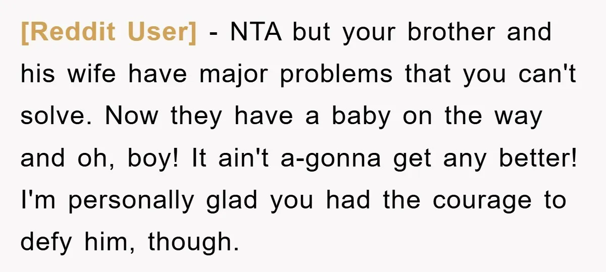 [Reddit User] − NTA but your brother and his wife have major problems that you can't solve. Now they have a baby on the way and oh, boy! It ain't...