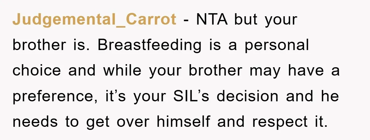 Judgemental_Carrot − NTA but your brother is. Breastfeeding is a personal choice and while your brother may have a preference, it’s your SIL’s decision and he needs to get over...