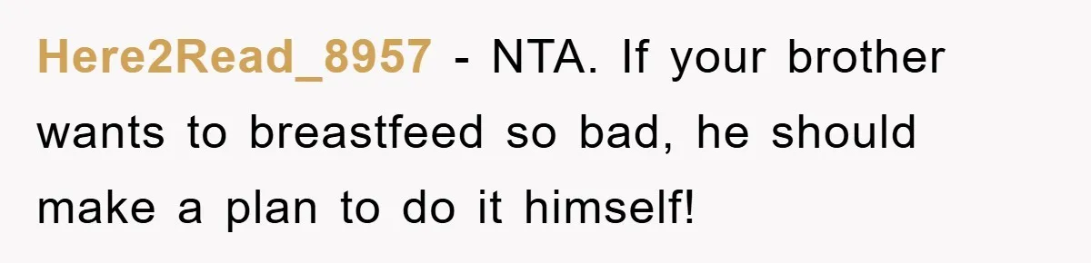 Here2Read_8957 − NTA. If your brother wants to breastfeed so bad, he should make a plan to do it himself!