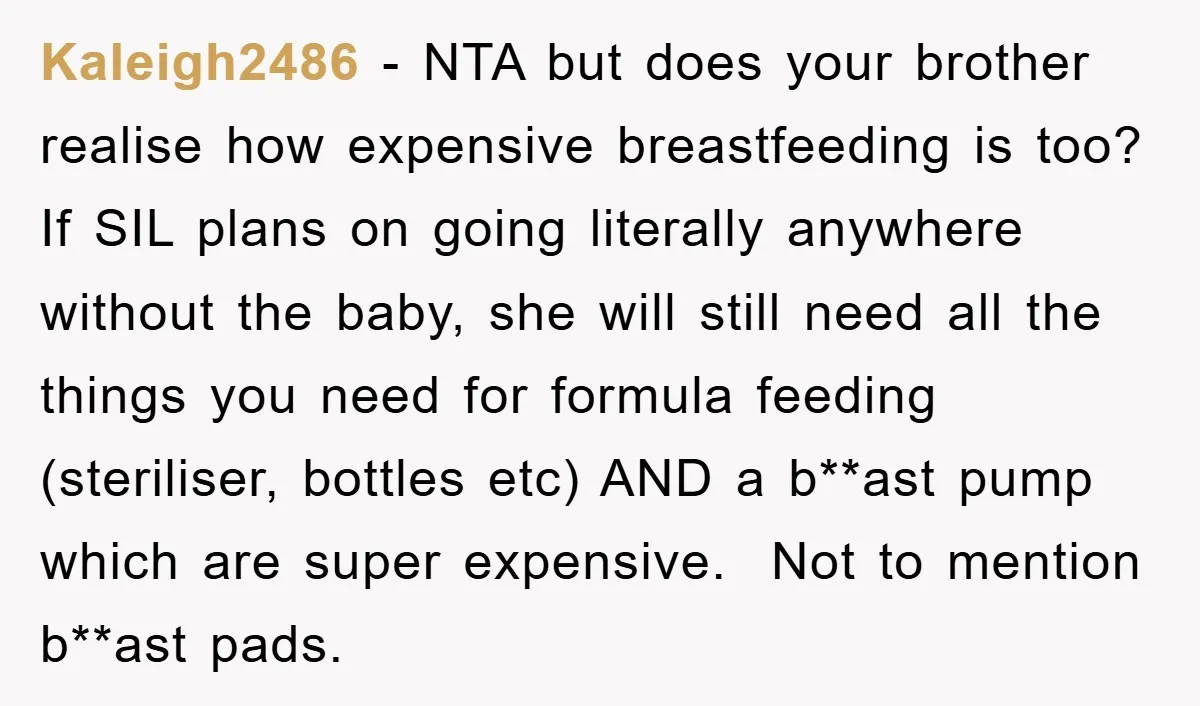 Kaleigh2486 − NTA but does your brother realise how expensive breastfeeding is too? If SIL plans on going literally anywhere without the baby, she will still need all the things...