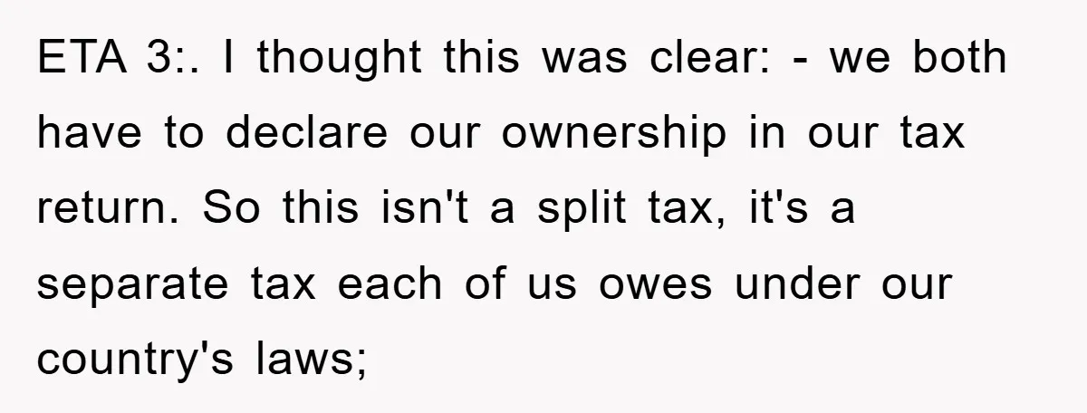 ETA 3:. I thought this was clear: - we both have to declare our ownership in our tax return. So this isn't a split tax, it's a separate tax each...