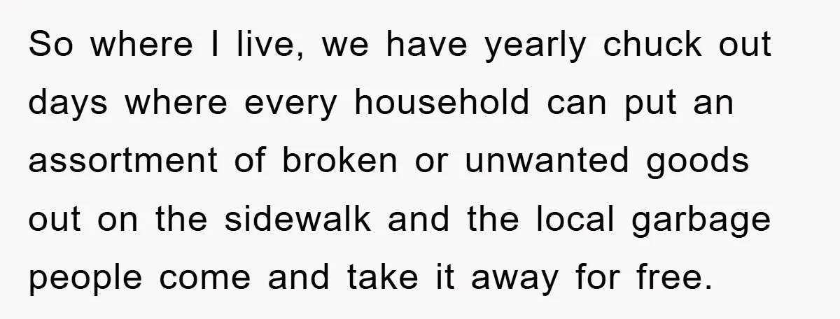 So where I live, we have yearly chuck out days where every household can put an assortment of broken or unwanted goods out on the sidewalk and the local garbage...
