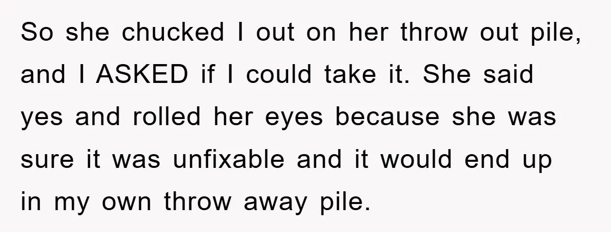 So she chucked I out on her throw out pile, and I ASKED if I could take it. She said yes and rolled her eyes because she was sure it...