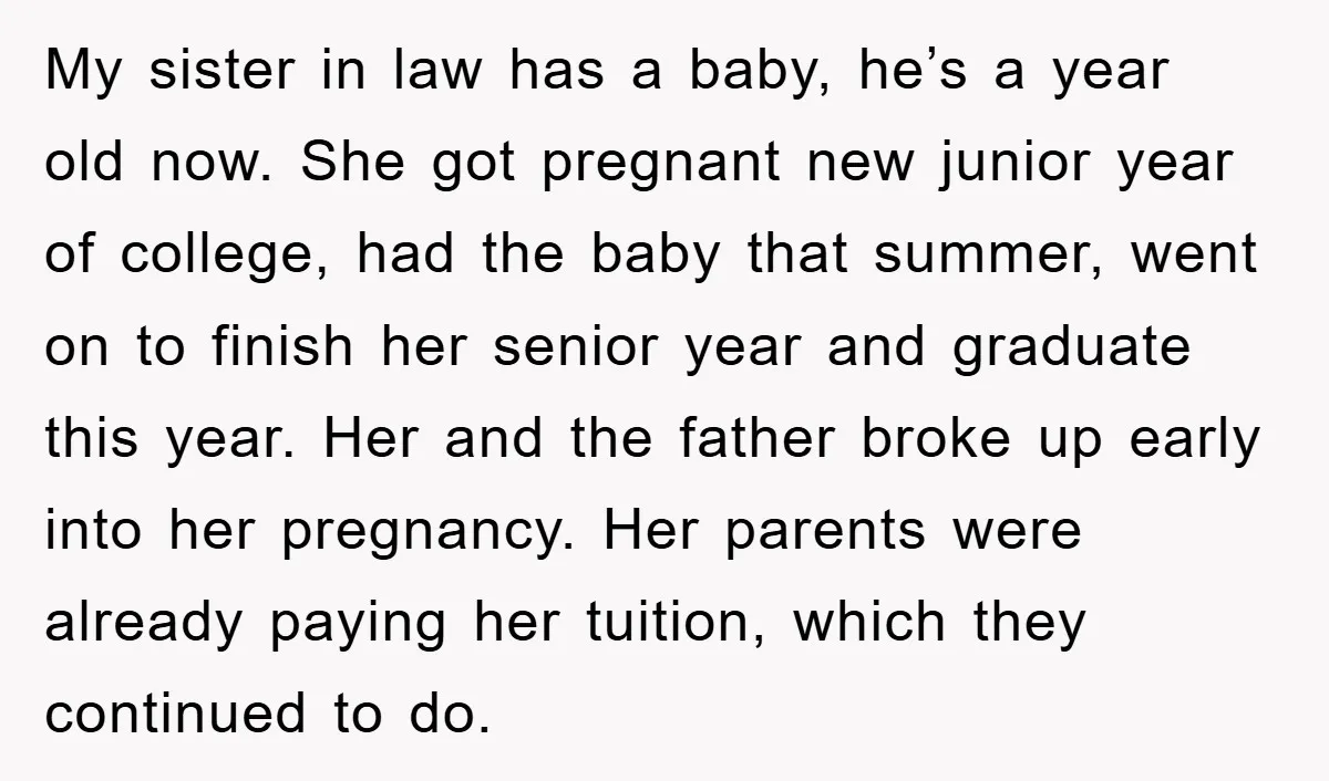 My sister in law has a baby, he’s a year old now. She got pregnant new junior year of college, had the baby that summer, went on to finish her...