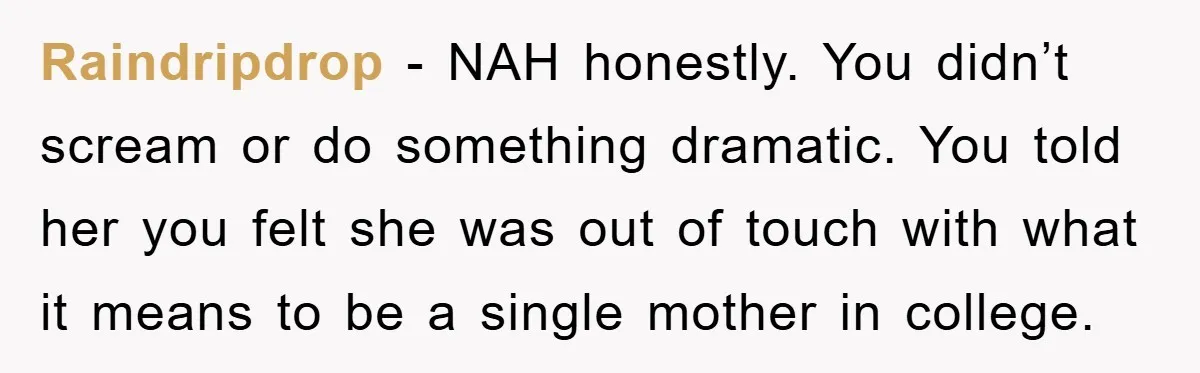 Raindripdrop - NAH honestly. You didn’t scream or do something dramatic. You told her you felt she was out of touch with what it means to be a single mother...