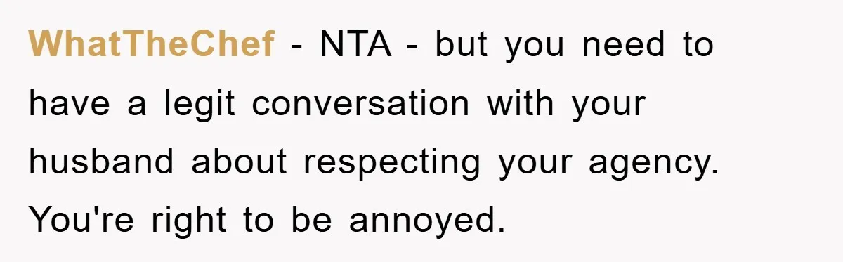 WhatTheChef - NTA - but you need to have a legit conversation with your husband about respecting your agency. You're right to be annoyed.