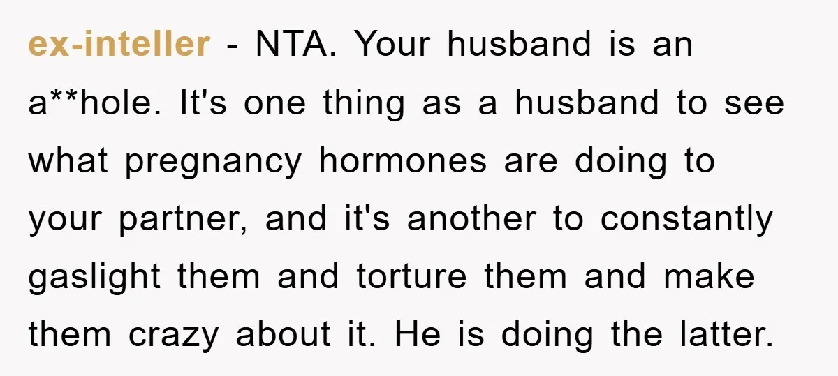 ex-inteller - NTA. Your husband is an a**hole. It's one thing as a husband to see what pregnancy hormones are doing to your partner, and it's another to constantly gaslight...