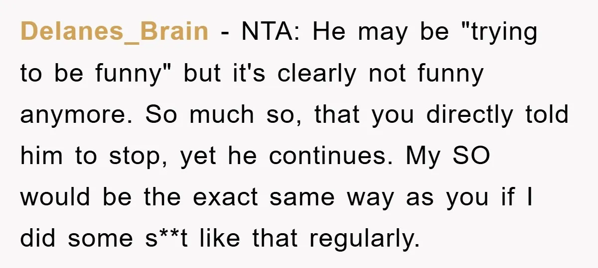 Delanes_Brain - NTA: He may be "trying to be funny" but it's clearly not funny anymore. So much so, that you directly told him to stop, yet he continues. My...