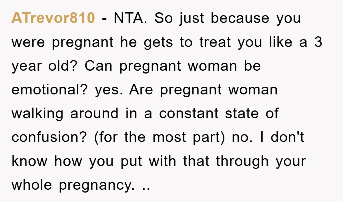 ATrevor810 - NTA. So just because you were pregnant he gets to treat you like a 3 year old? Can pregnant woman be emotional? yes. Are pregnant woman walking around...