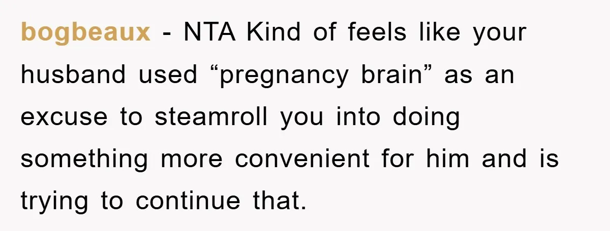 bogbeaux - NTA Kind of feels like your husband used “pregnancy brain” as an excuse to steamroll you into doing something more convenient for him and is trying to continue...