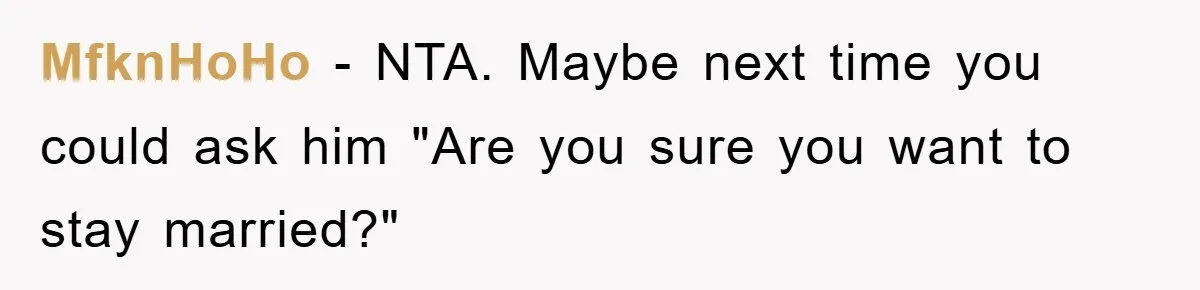MfknHoHo - NTA. Maybe next time you could ask him "Are you sure you want to stay married?"