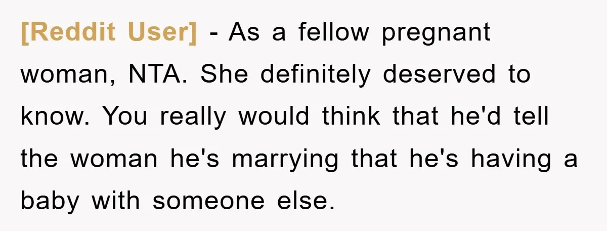 [Reddit User] - As a fellow pregnant woman, NTA. She definitely deserved to know. You really would think that he'd tell the woman he's marrying that he's having a baby...