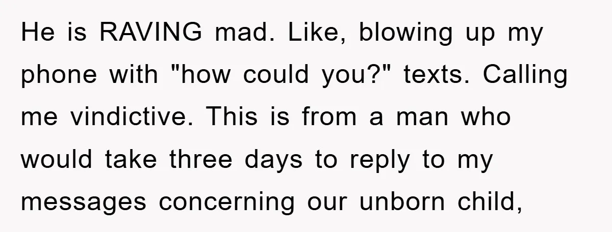 He is RAVING mad. Like, blowing up my phone with "how could you?" texts. Calling me vindictive. This is from a man who would take three days to reply to...