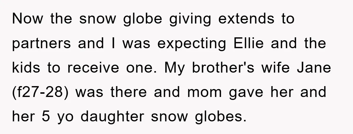Now the snow globe giving extends to partners and I was expecting Ellie and the kids to receive one. My brother's wife Jane (f27-28) was there and mom gave her...