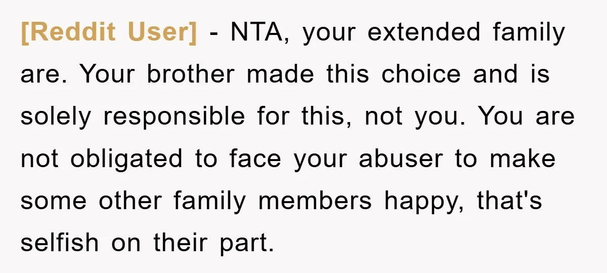 [Reddit User] − NTA, your extended family are. Your brother made this choice and is solely responsible for this, not you. You are not obligated to face your abuser to...