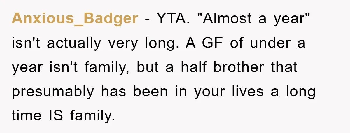 Anxious_Badger - YTA. "Almost a year" isn't actually very long. A GF of under a year isn't family, but a half brother that presumably has been in your lives a...