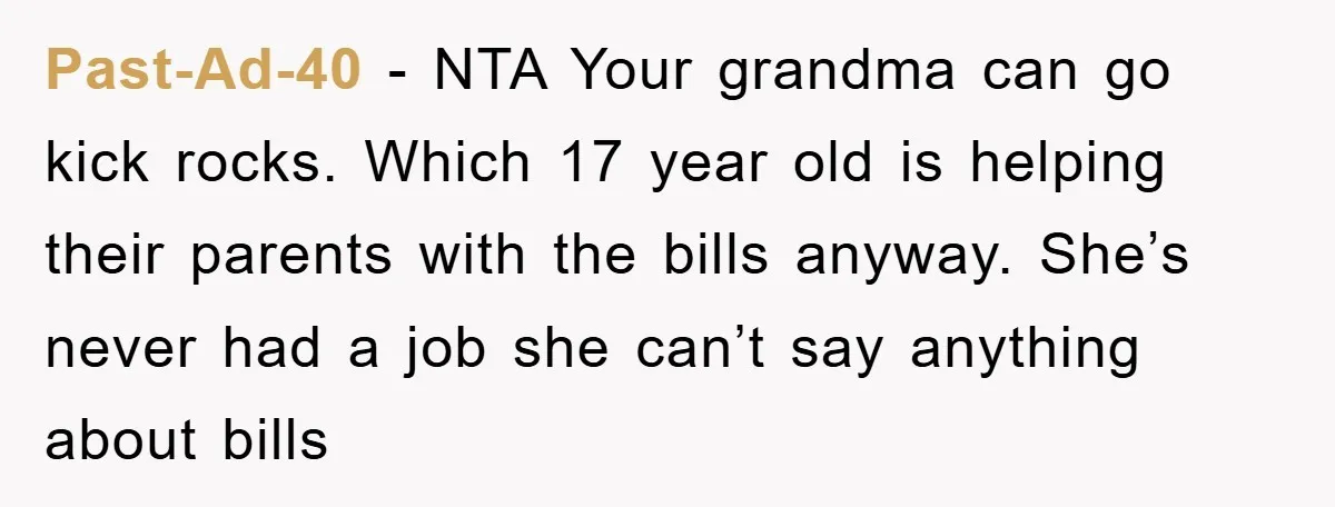 Past-Ad-40 − NTA Your grandma can go kick rocks. Which 17 year old is helping their parents with the bills anyway. She’s never had a job she can’t say anything...