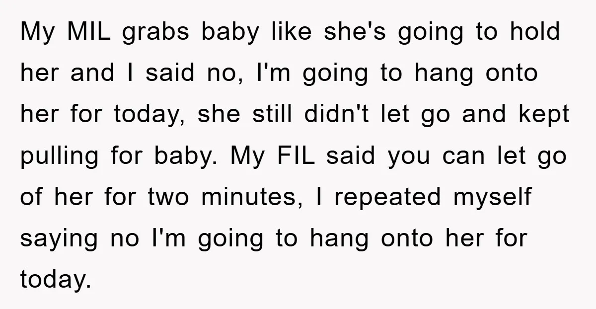 My MIL grabs baby like she's going to hold her and I said no, I'm going to hang onto her for today, she still didn't let go and kept pulling...