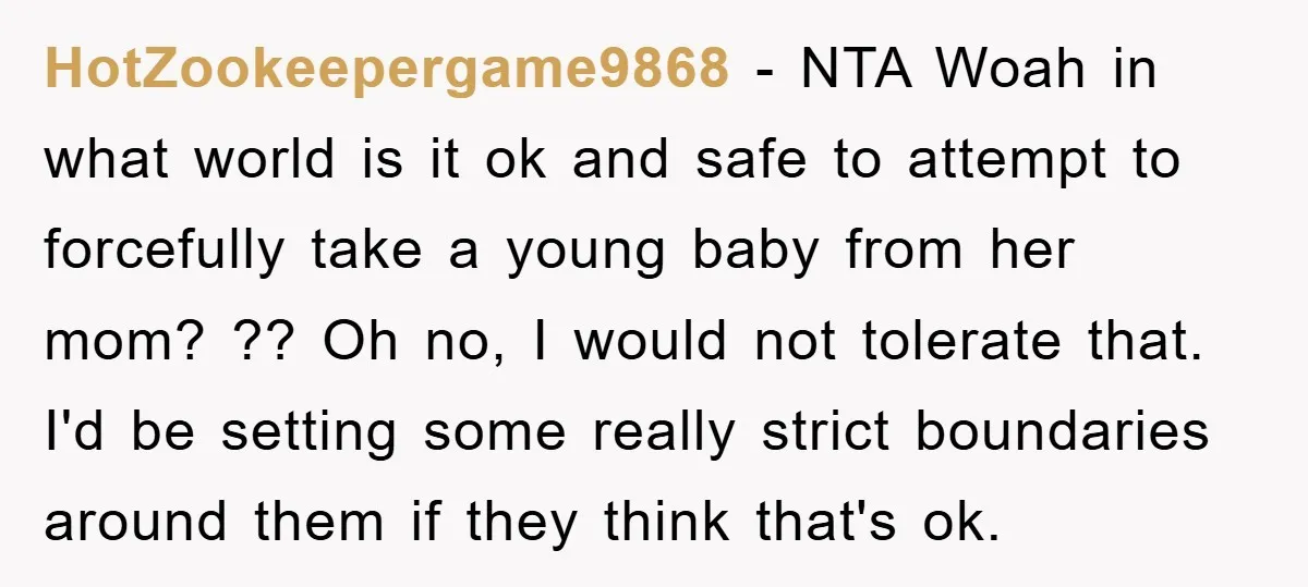 HotZookeepergame9868 − NTA Woah in what world is it ok and safe to attempt to forcefully take a young baby from her mom? ?? Oh no, I would not tolerate...