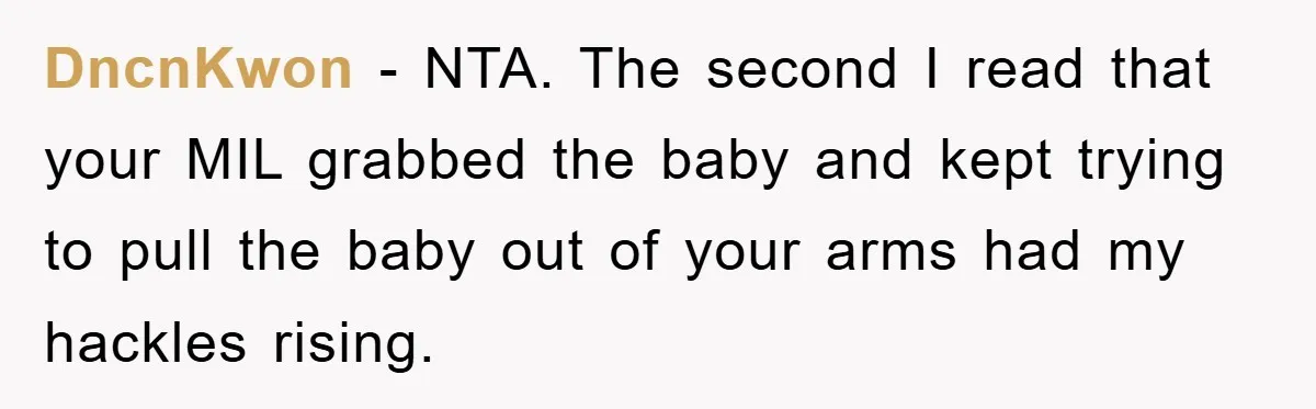 DncnKwon − NTA. The second I read that your MIL grabbed the baby and kept trying to pull the baby out of your arms had my hackles rising.