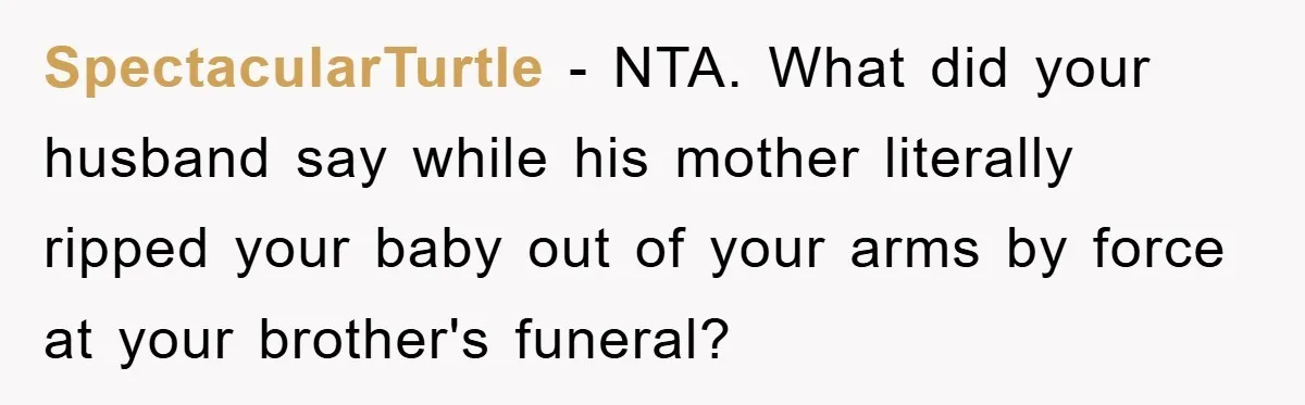 SpectacularTurtle − NTA. What did your husband say while his mother literally ripped your baby out of your arms by force at your brother's funeral?