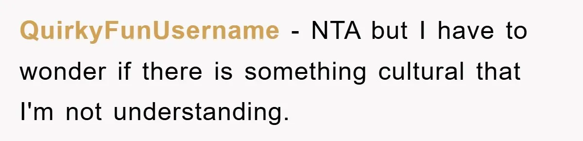 QuirkyFunUsername - NTA but I have to wonder if there is something cultural that I'm not understanding.