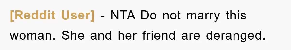 [Reddit User] - NTA Do not marry this woman. She and her friend are deranged.