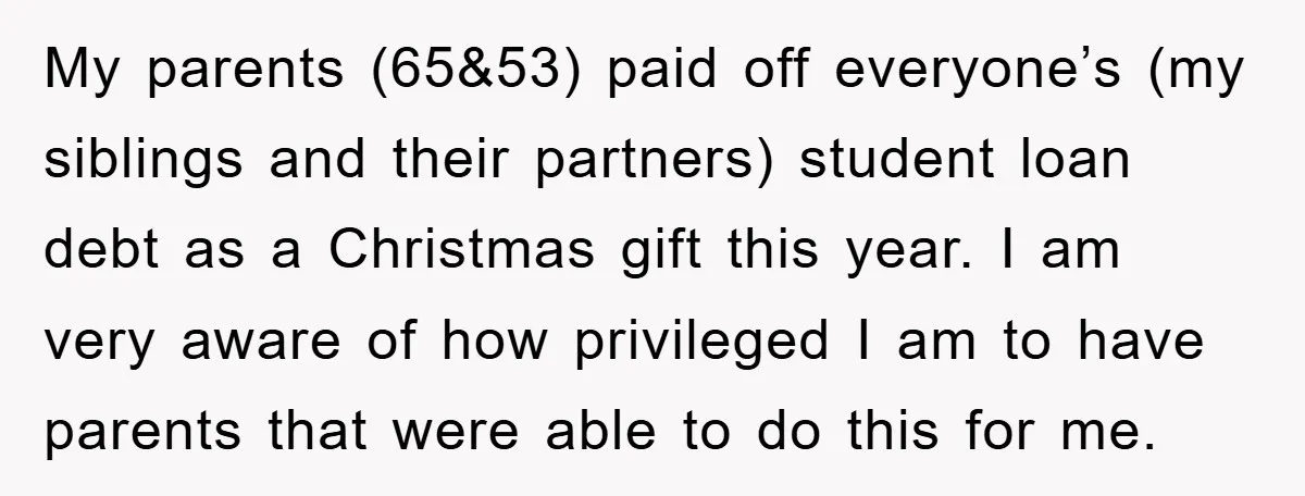 My parents (65&53) paid off everyone’s (my siblings and their partners) student loan debt as a Christmas gift this year. I am very aware of how privileged I am to...