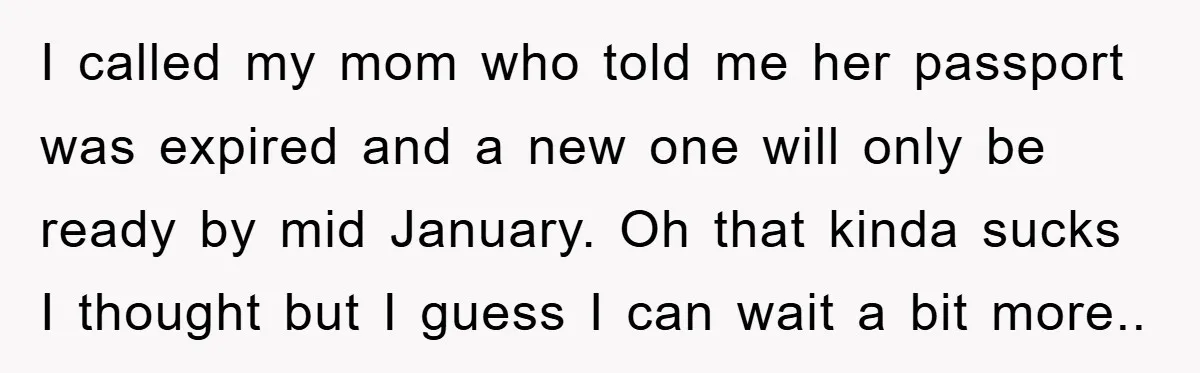 I called my mom who told me her passport was expired and a new one will only be ready by mid January. Oh that kinda sucks I thought but I...
