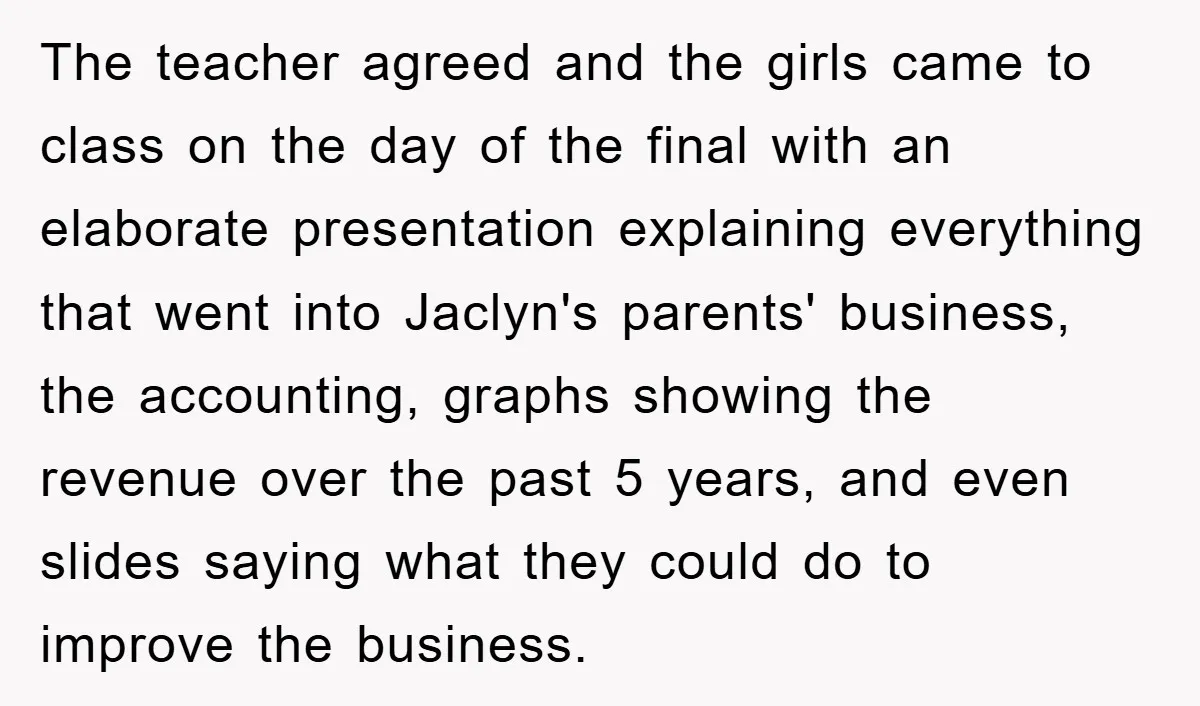 The teacher agreed and the girls came to class on the day of the final with an elaborate presentation explaining everything that went into Jaclyn's parents' business, the accounting, graphs...