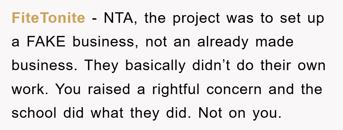 FiteTonite − NTA, the project was to set up a FAKE business, not an already made business. They basically didn’t do their own work. You raised a rightful concern and...